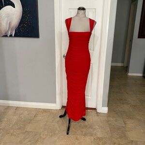 New Women XL red ruched bodycon Maxi  dress